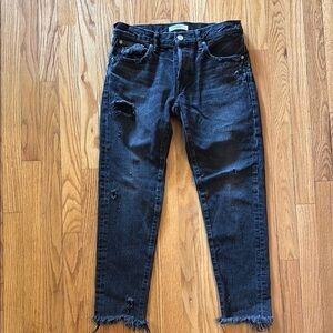 Moussy sz 27 black Distressed Denim Jeans raw edge button fly 9” rise 27” inseam